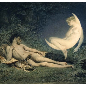 Impression d'art Endymion et Selene, peinture de la mythologie grecque, déesse de la lune, amoureux, art magique, amour, magique, forêt, art mural nature antique