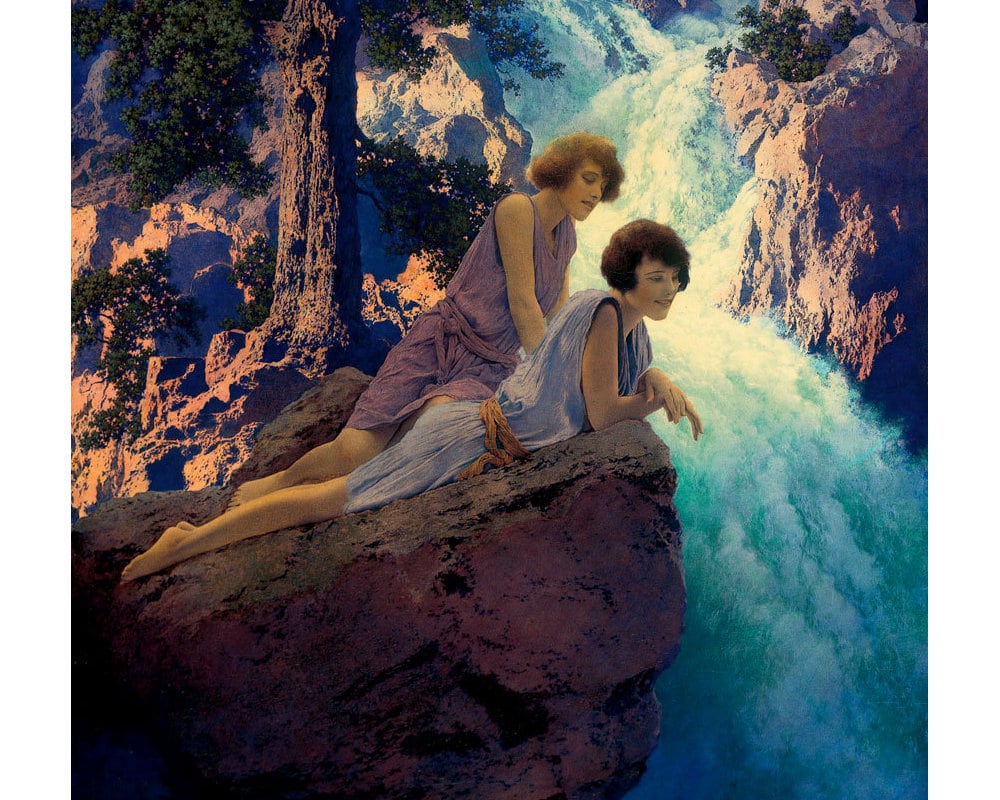 The Waterfall, Maxfield Parrish Art Print, Two Women, Vintage