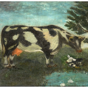 Antique folk art cow painting, Primitive British folk art, Naive oil painting, Vintage farm animal art print, Farmhouse decor, 18th century