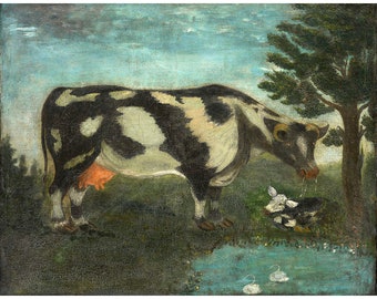 Antique folk art cow painting, Primitive British folk art, Naive oil painting, Vintage farm animal art print, Farmhouse decor, 18th century