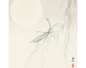 Praying Mantis Japanese painting, Insect art print, Full moon wall art, Ohara Koson, Antique woodblock, Vintage Asian, Minimal nature art