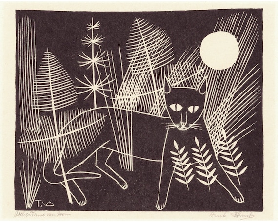 Cat And Moon Art Print Black Cat And Full Moon Vintage Etsy Cat And Moon Art Print Black Cat And Full Moon Vintage Etsy
