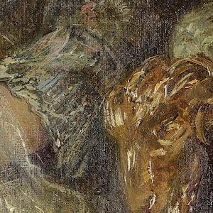 以下が含まれることがあります： 絵画のクローズアップの詳細で、茶色と金の塗料のテクスチャのある筆跡が示されています。塗料は厚く、ざらざらした質感です。