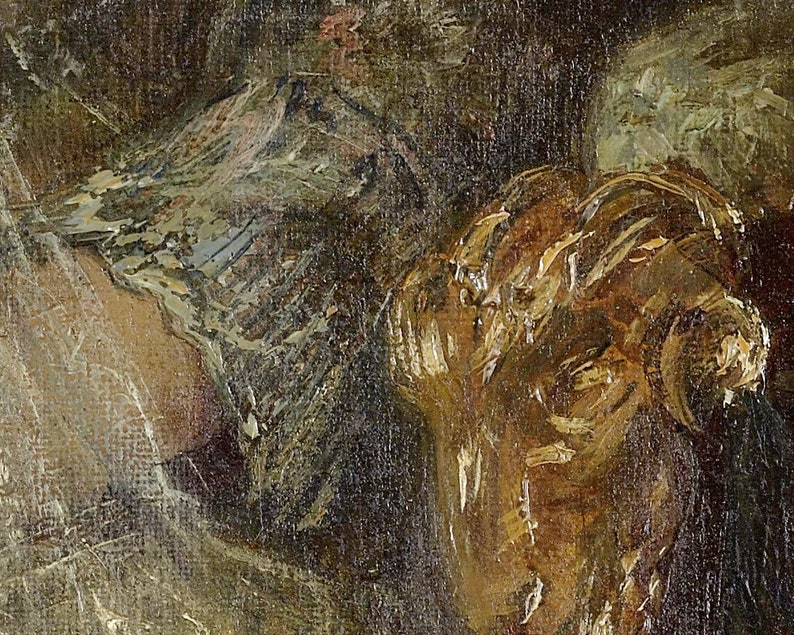 以下が含まれることがあります： 絵画のクローズアップの詳細で、茶色と金の塗料のテクスチャのある筆跡が示されています。塗料は厚く、ざらざらした質感です。