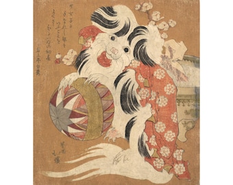 Japanese chin dog art print, Surimono Calendar for the Dog Year, 1814, Antique Japanese woodblock print, Asian art, Japanese painting, Puppy