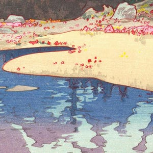 May include: A serene landscape print featuring a river flowing into a sandy beach. The water reflects the sky and surrounding trees. The artwork uses a palette of blues, purples, and beige, with touches of pink and red.