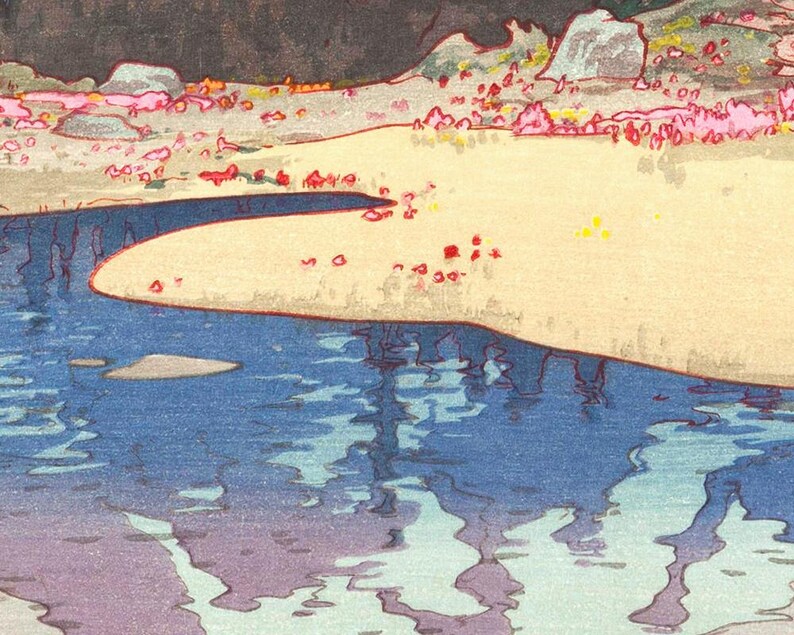 May include: A serene landscape print featuring a river flowing into a sandy beach. The water reflects the sky and surrounding trees. The artwork uses a palette of blues, purples, and beige, with touches of pink and red.