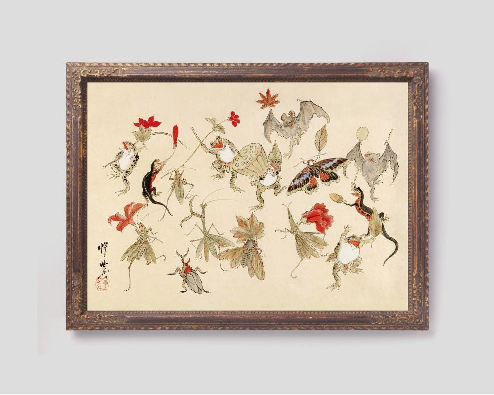 Dancing Forest Animals Art Print, Japanese Animal Painting