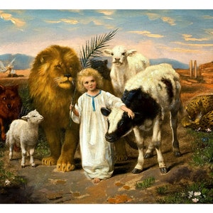 Peace by William Strutt, And a Little Child Shall Lead Them, Kitsch Jesus art print, Vintage Christian painting, Lion and lamb, Animals