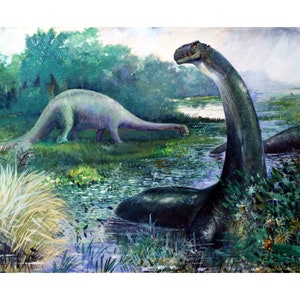 Vintage Dinosaur painting, Brontosaurus, Charles R. Knight art print, Paleoart, Paleo illustration, Dinosaurs wall art, Prehistoric animals