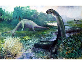 Vintage Dinosaur painting, Brontosaurus, Charles R. Knight art print, Paleoart, Paleo illustration, Dinosaurs wall art, Prehistoric animals