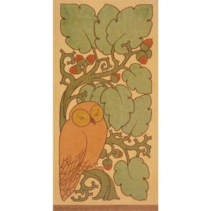 Vintage owl art print, Craftsman style, Antique owl wall art, C.F.A. Voysey, Arts and crafts design, Art nouveau animal, Oak tree, Acorns