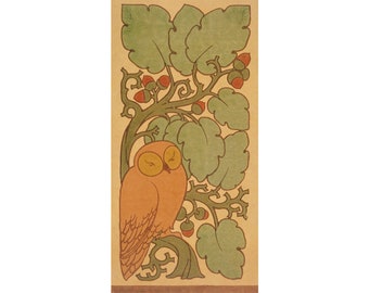 Vintage owl art print, Craftsman style, Antique owl wall art, C.F.A. Voysey, Arts and crafts design, Art nouveau animal, Oak tree, Acorns