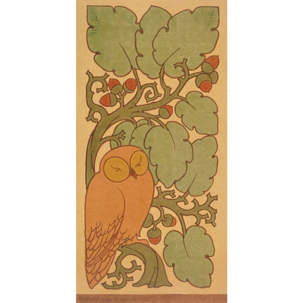 Vintage owl art print, Craftsman style, Antique owl wall art, C.F.A. Voysey, Arts and crafts design, Art nouveau animal, Oak tree, Acorns