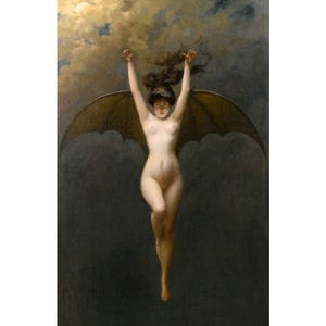 Antique woman with bat wings, Dark art print, Albert Joseph Penot, Vintage gothic oil painting, Night goddess, Wiccan wall art, Witchy