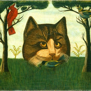 Antique folk art cat painting art print, Primitive Americana wall art, Naive art, Outsider art, Surreal, Vintage Cheshire cat, 19th century