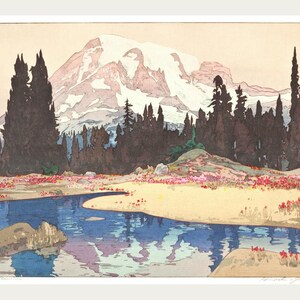 May include: A landscape print featuring a snow-capped mountain, a reflective blue river, and a foreground of colorful wildflowers. Dark green trees line the middle ground. The sky is a soft, pale color. The artwork has a vintage aesthetic.