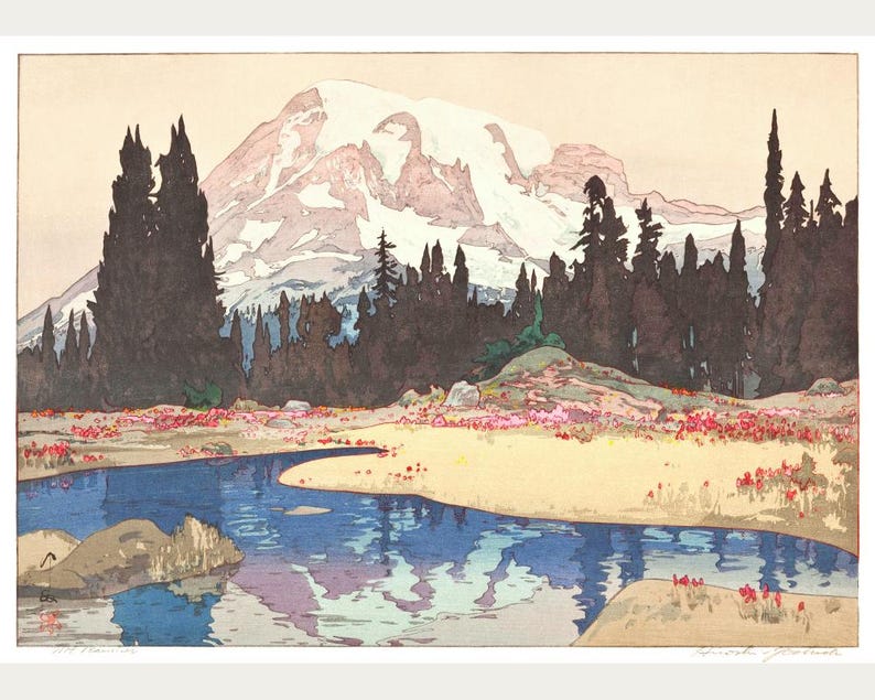 May include: A landscape print featuring a snow-capped mountain, a reflective blue river, and a foreground of colorful wildflowers. Dark green trees line the middle ground. The sky is a soft, pale color. The artwork has a vintage aesthetic.