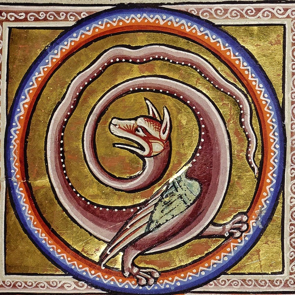 Medieval bestiary art print, Aberdeen bestiary, Illuminated manuscript, Bird Dragon, Mythical beasts, Antique animal art, Ancient dragon