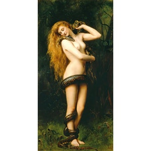 Lilith art print, John Collier painting, Woman with snake, Serpent, Garden of Eden, Mythological art, Antique women wall art, Dark art