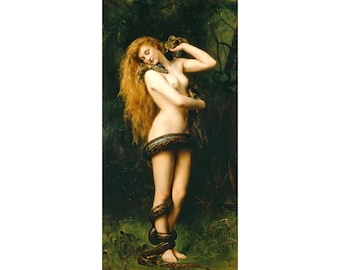 May include: A painting of a woman with long red hair, standing in a forest. She is nude and has a snake wrapped around her waist. The snake is brown and black with a yellow underbelly. The woman is looking down at the snake.