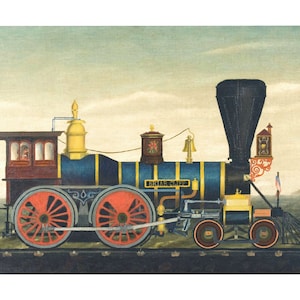 Vintage Train painting art print, Antique locomotive, Steam engine, Railroad wall art, American folk art, 19th century, Colorful trains