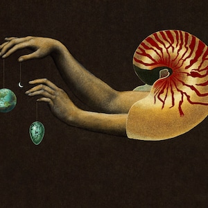 Mother Gaia art print, Surreal collage, Goddess of the Universe, Mystical wall art, Earth, Moon, Cosmic egg, Chambered nautilus shell, Hands
