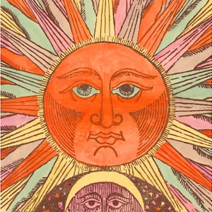 Vintage Sun and Moon art print, Antique sun face painting, Celestial wall art, Crescent moon, Man in the moon, Colorful, Cosmic, Mystical