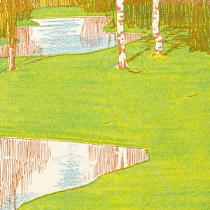 May include: A vintage illustration of a green grassy field with a winding stream. The stream is light blue and the grass is a bright green. There are several white birch trees in the background.
