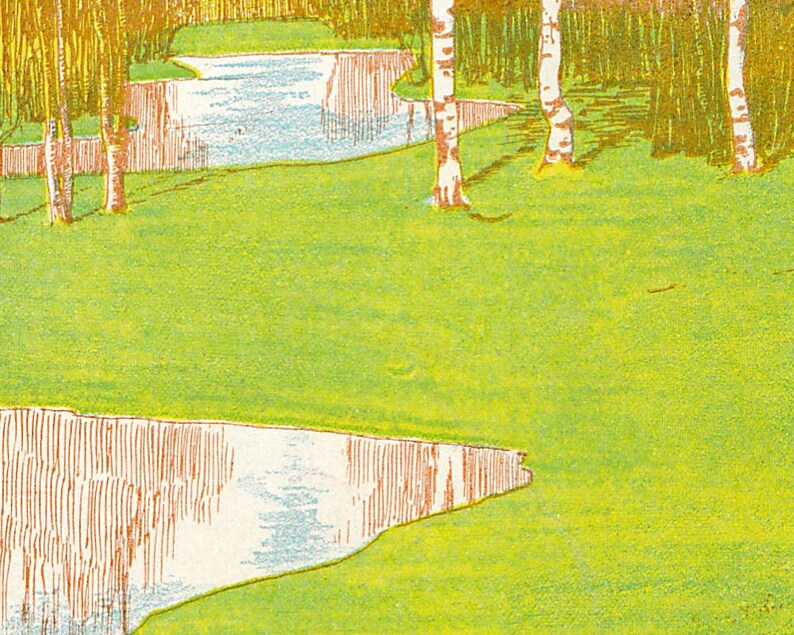 May include: A vintage illustration of a green grassy field with a winding stream. The stream is light blue and the grass is a bright green. There are several white birch trees in the background.