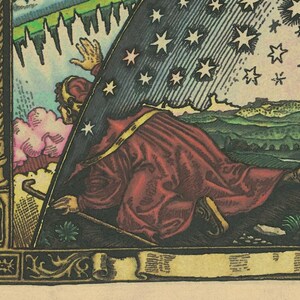 May include: A detailed vintage illustration depicting a robed figure kneeling beneath a starry sky. The artwork uses a rich colour palette with reds, greens, and blues. The scene includes a staff, a landscape, and a decorative border.
