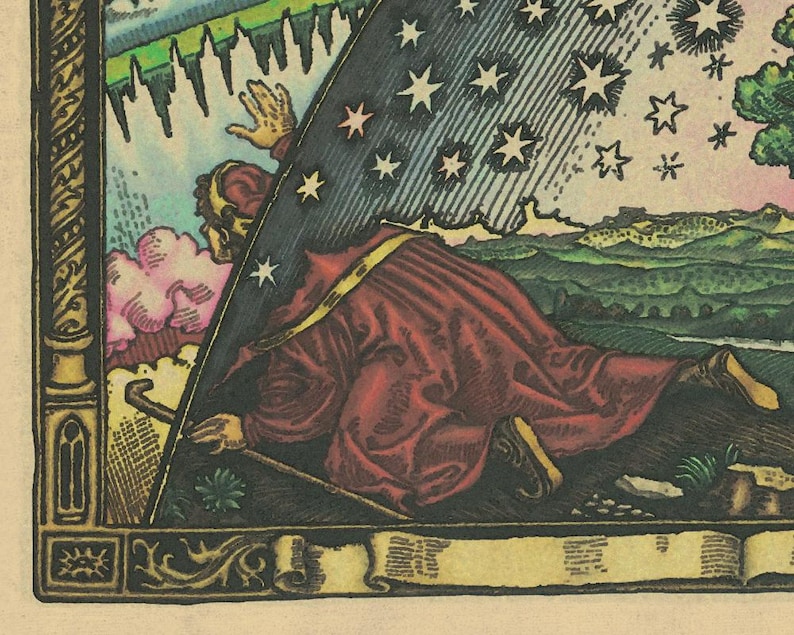 May include: A detailed vintage illustration depicting a robed figure kneeling beneath a starry sky. The artwork uses a rich colour palette with reds, greens, and blues. The scene includes a staff, a landscape, and a decorative border.