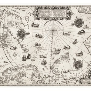 Impression d'art ancienne carte du pôle Nord, cercle polaire arctique vintage, art mural carte ancienne, créatures mythiques médiévales, monstres marins, noir et blanc