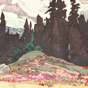 May include: An artistic landscape print featuring a mountain range and a forest. The foreground shows a grassy hill with colorful wildflowers. The trees are dark, and the sky is a light color.