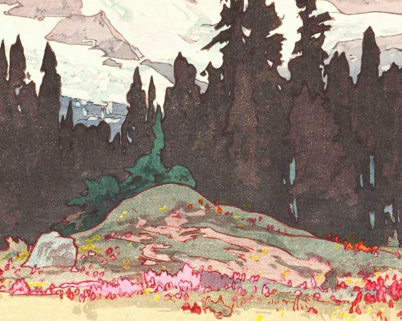 May include: An artistic landscape print featuring a mountain range and a forest. The foreground shows a grassy hill with colorful wildflowers. The trees are dark, and the sky is a light color.