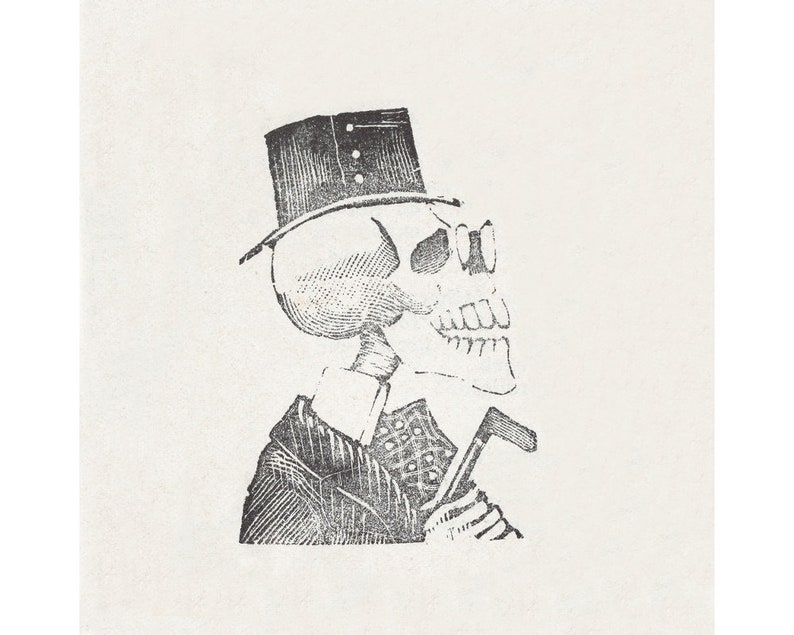 May include: A black and white illustration of a skeleton wearing a top hat and holding a cane. The skeleton is wearing a suit and has a bow tie.