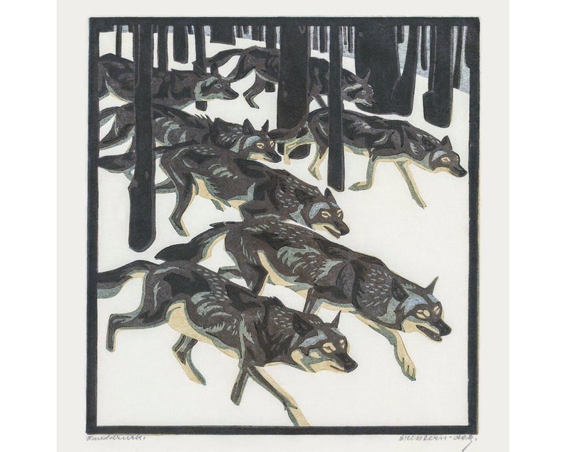 Pack of wolves art print, Vintage wolf painting, Animal wall art, Wildlife, Linocut, Winter, Forest, Woodland, Norbertine Bresslern-Roth image 1