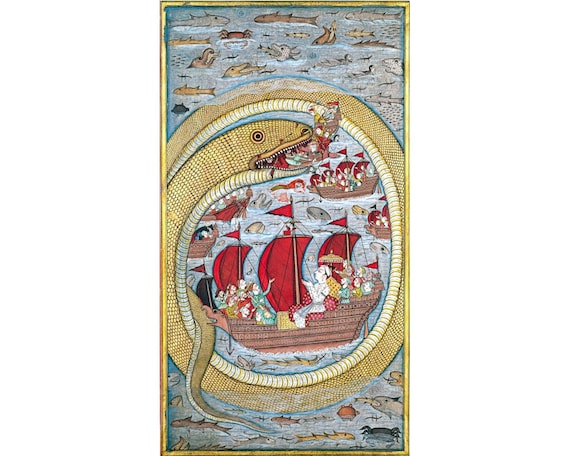 Medieval Sea Monster art print, Sea Serpent, Ships, Antique Indian art, Medieval Oriental, Ancient Asian wall art, Ancient map art, Mythical
