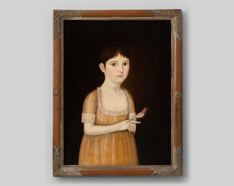 Folk art portrait of girl with bird, John Brewster Jr., 19th century American folk painting, Child, Children, Animals, Primitive Americana