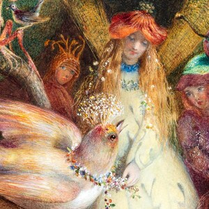 May include: A watercolor painting of a bird with a crown of flowers and a necklace of jewels. The bird is surrounded by fairies, one of whom is wearing a red hat and a white dress.
