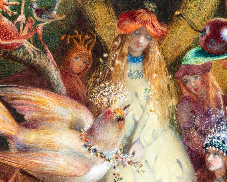 May include: A watercolor painting of a bird with a crown of flowers and a necklace of jewels. The bird is surrounded by fairies, one of whom is wearing a red hat and a white dress.