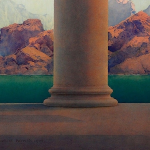 May include: A close-up of a white column with a rounded base, set against a backdrop of a green lake and brown mountains. The text "Maxfield Parrish 1932" is visible in the lower left corner.