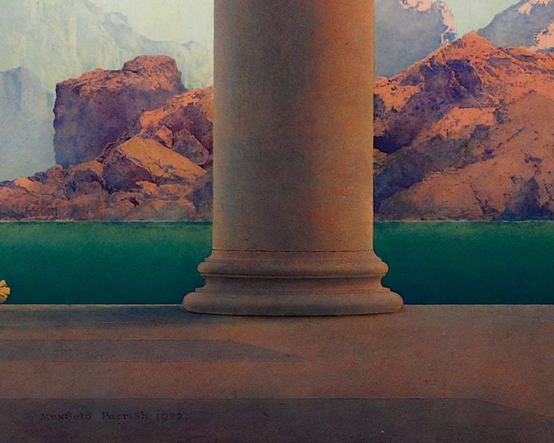 May include: A close-up of a white column with a rounded base, set against a backdrop of a green lake and brown mountains. The text "Maxfield Parrish 1932" is visible in the lower left corner.