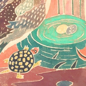 May include: A watercolor painting of a turtle with a black and yellow shell, walking on a red and green background. The turtle is near a green pond with two yellow and blue orbs.