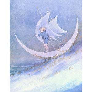 Sailing on the Moon, Little boy art print, Ida Rentoul Outhwaite illustration, Vintage boy's nursery, Blue, Stars, Fairy tale wall art