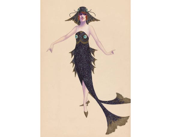 Fish, flapper art print, Vintage fashion illustration art, Funny fashion art, Kitsch art print, Fashion wall art, Vintage fashion drawing