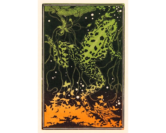 Frog art print, Frog poster, Frog wall art, Color woodcut art, Julie de Graag, Animal art, Antique frog painting, Vintage frog, Leopard frog