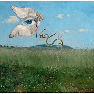 Eve&#39;s Daydream, Surreal painting art print, Strange wall art, Collage, Lover&#39;s eye, Lilith, Serpent, Chimera, Goddess, Demons, Surrealism