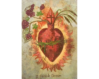 Sacred Heart art print, Antique Mexican folk art painting, Vintage Mexico wall art, Retablo, Religious icon, Christian art, Thorns, Flames
