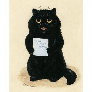 Home Sweet Home art print, Louis Wain cat painting, Kitsch cat wall art, Black kitten, Vintage cute animals, Retro, Pets, Anthropomorphic